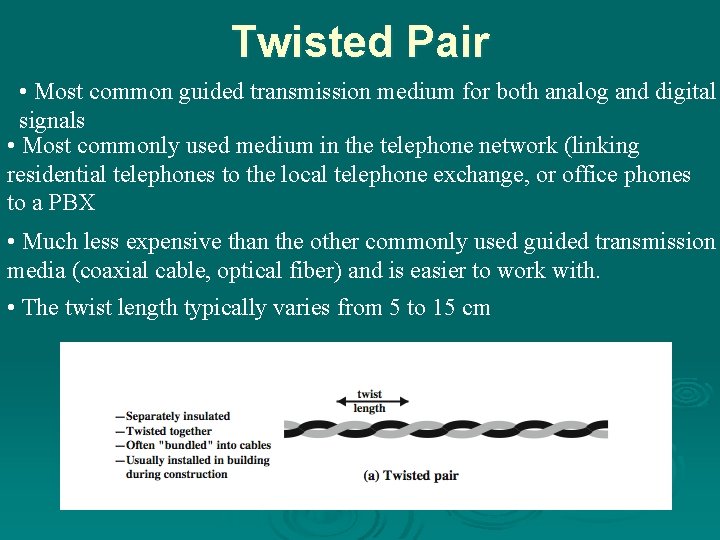 Twisted Pair • Most common guided transmission medium for both analog and digital signals