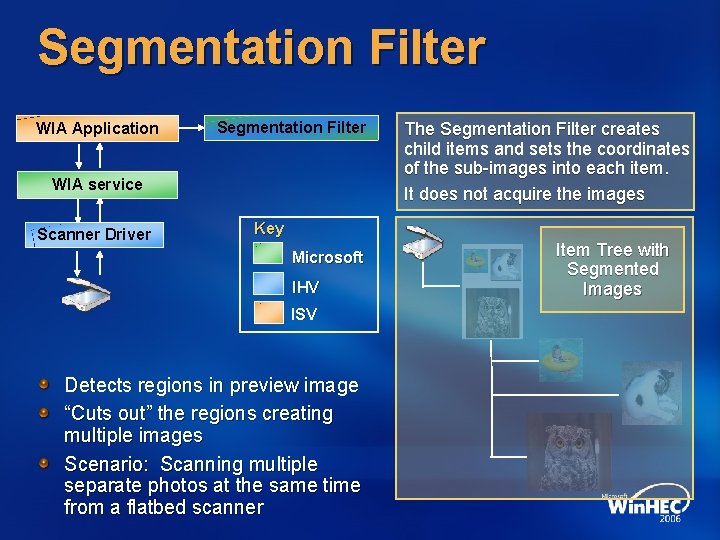 Segmentation Filter WIA Application Segmentation Filter WIA service Scanner Driver The Segmentation Filter creates