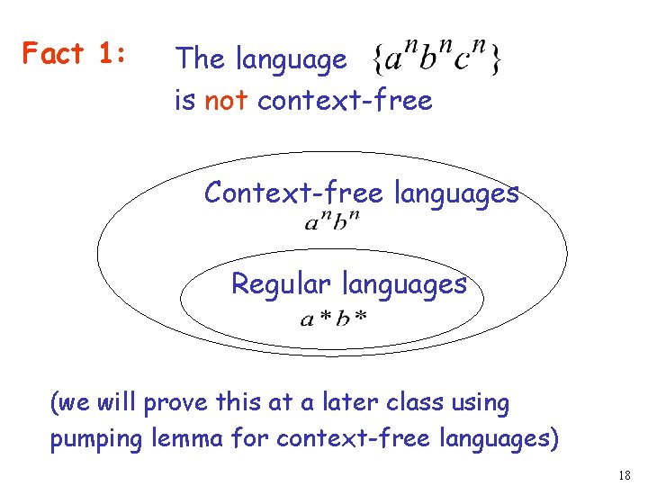 Fact 1: The language is not context-free Context-free languages Regular languages (we will prove