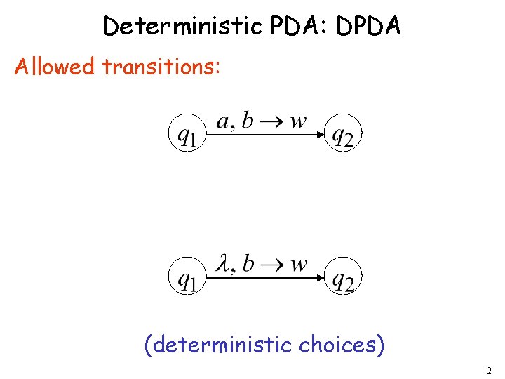 Deterministic PDA: DPDA Allowed transitions: (deterministic choices) 2 