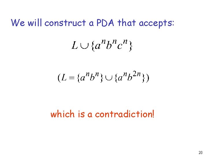 We will construct a PDA that accepts: which is a contradiction! 20 