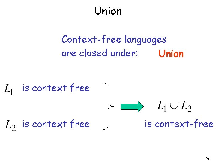 Union Context-free languages are closed under: Union is context free is context-free 26 