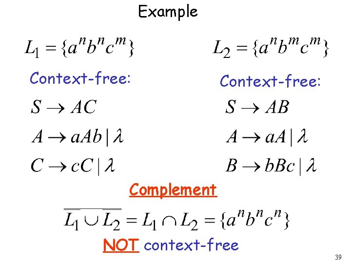 Example Context-free: Complement NOT context-free 39 