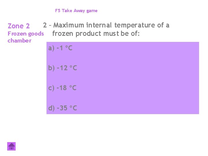 FS Take Away game 2 – Maximum internal temperature of a Frozen goods frozen