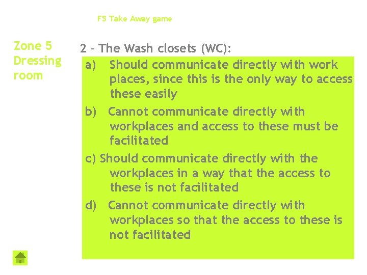 FS Take Away game Zone 5 Dressing room 2 – The Wash closets (WC):