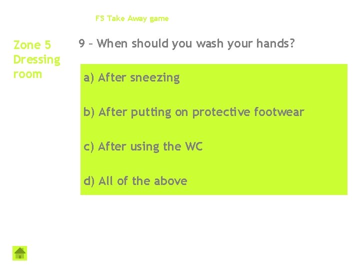 FS Take Away game Zone 5 Dressing room 9 – When should you wash