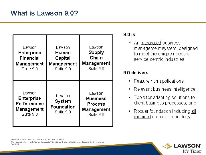 What is Lawson 9. 0? 9. 0 is: Lawson Enterprise Financial Management Human Capital