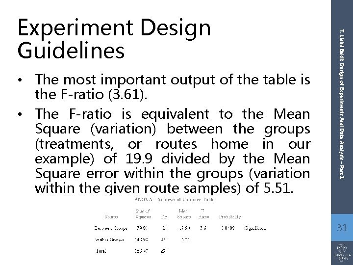  • The most important output of the table is the F-ratio (3. 61).