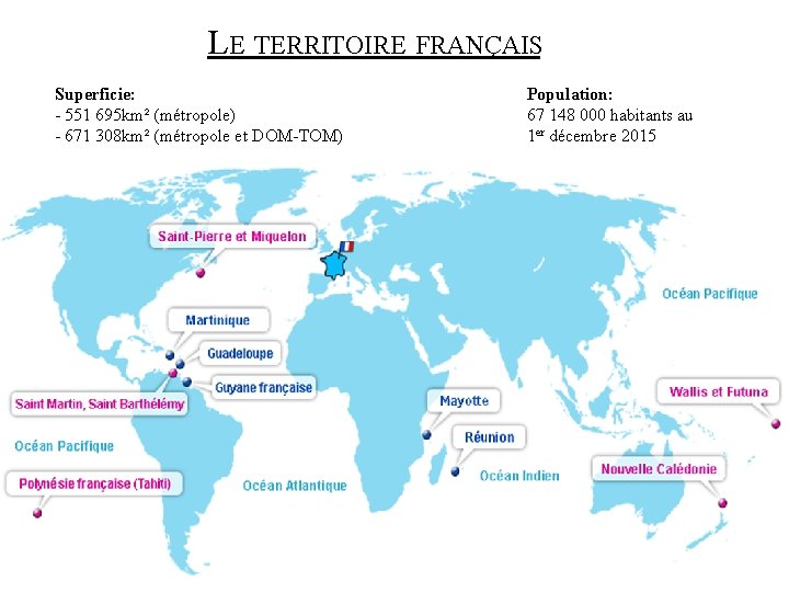 LE TERRITOIRE FRANÇAIS Superficie: - 551 695 km² (métropole) - 671 308 km² (métropole