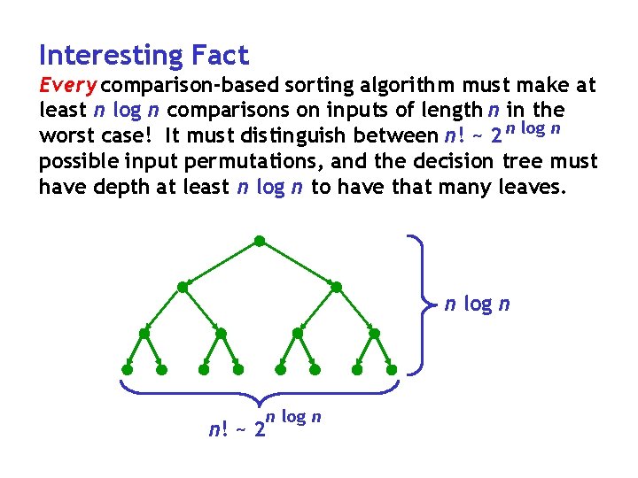 Interesting Fact Every comparison-based sorting algorithm must make at least n log n comparisons