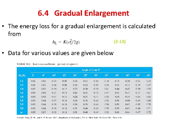 6. 4 Gradual Enlargement • The energy loss for a gradual enlargement is calculated