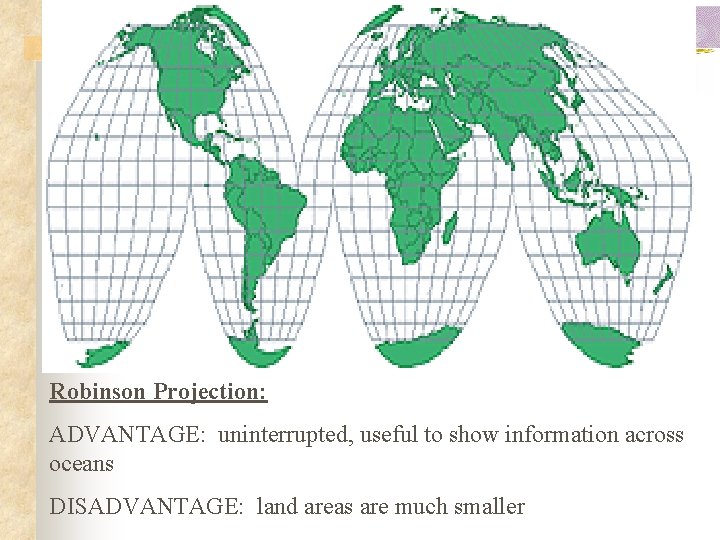 Robinson Projection: ADVANTAGE: uninterrupted, useful to show information across oceans DISADVANTAGE: land areas are