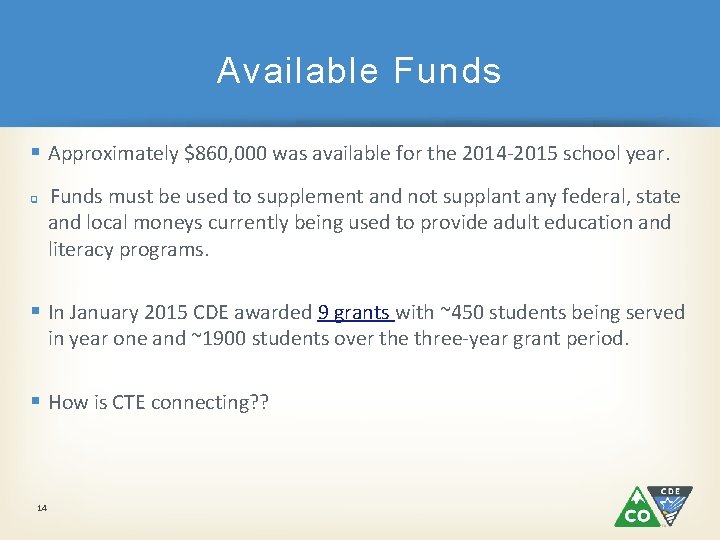 Available Funds § Approximately $860, 000 was available for the 2014 -2015 school year.