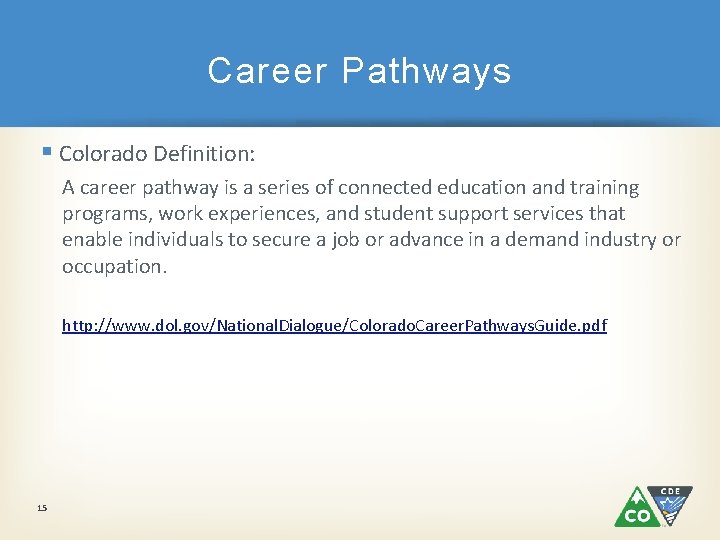 Career Pathways § Colorado Definition: A career pathway is a series of connected education