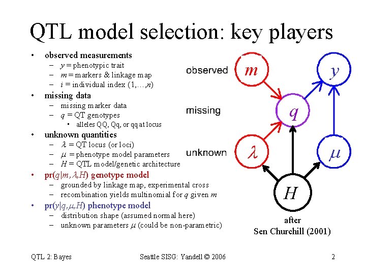 QTL model selection: key players • observed measurements – y = phenotypic trait –