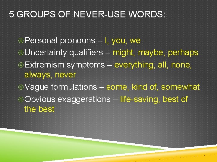 5 GROUPS OF NEVER-USE WORDS: Personal pronouns – I, you, we Uncertainty qualifiers –