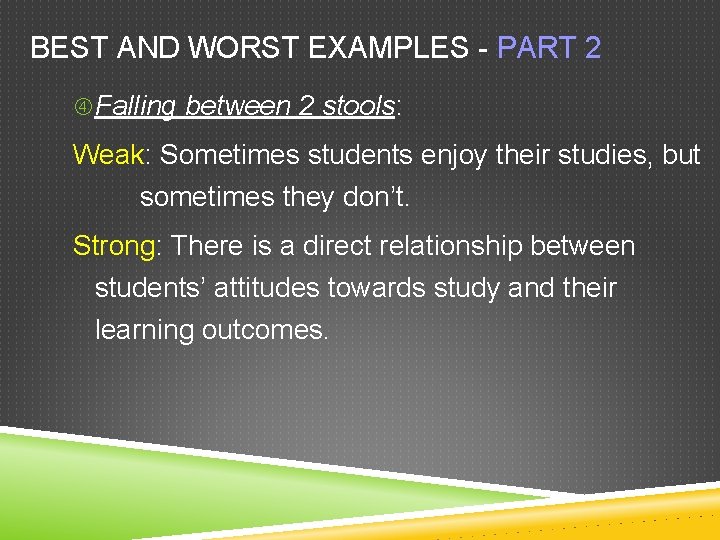 BEST AND WORST EXAMPLES - PART 2 Falling between 2 stools: Weak: Sometimes students