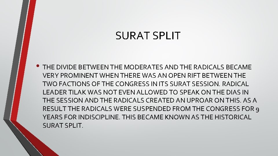 SURAT SPLIT • THE DIVIDE BETWEEN THE MODERATES AND THE RADICALS BECAME VERY PROMINENT