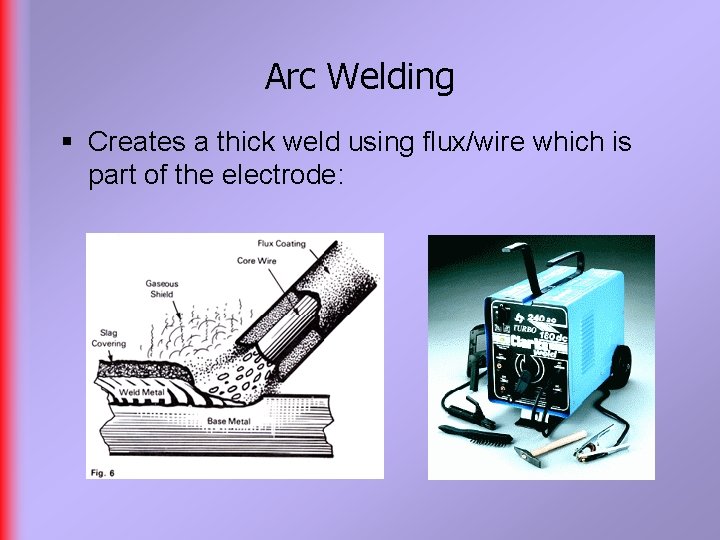 Arc Welding § Creates a thick weld using flux/wire which is part of the