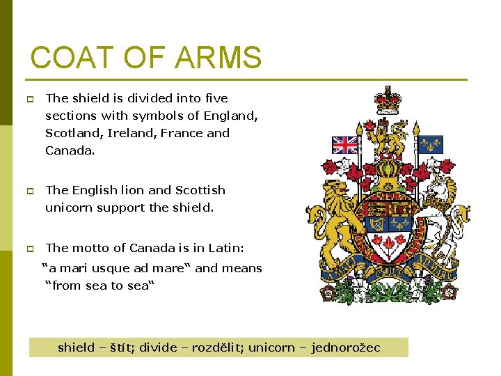 COAT OF ARMS p The shield is divided into five sections with symbols of