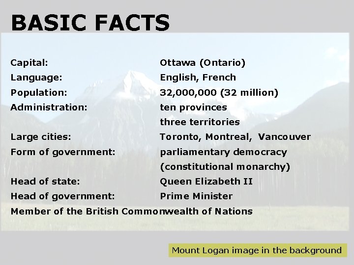 BASIC FACTS Capital: Ottawa (Ontario) Language: English, French Population: 32, 000 (32 million) Administration: