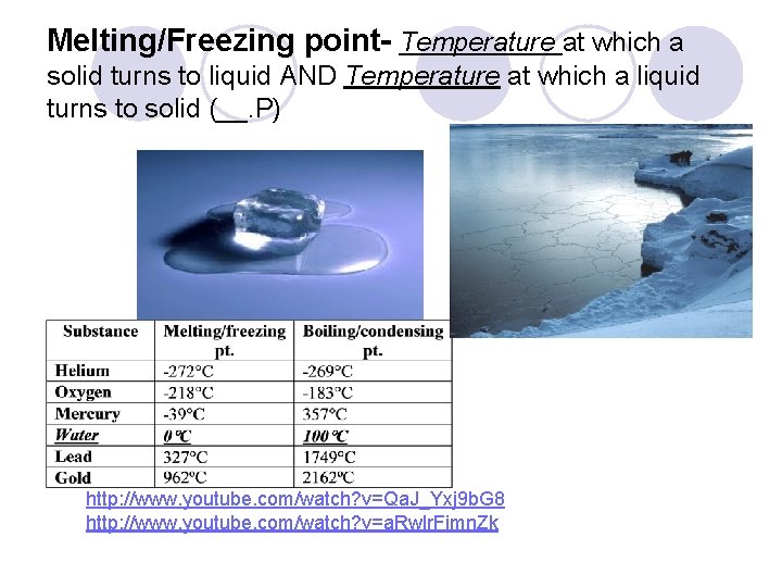 Melting/Freezing point- Temperature at which a solid turns to liquid AND Temperature at which Melting/Freezing point- Temperature at which a solid turns to liquid AND Temperature at which