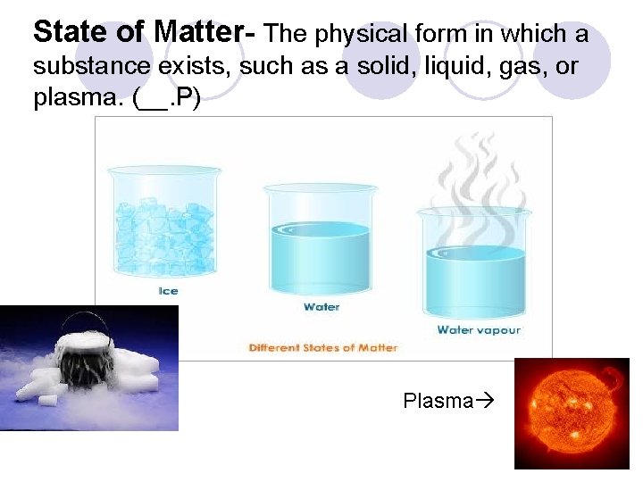State of Matter- The physical form in which a substance exists, such as a State of Matter- The physical form in which a substance exists, such as a