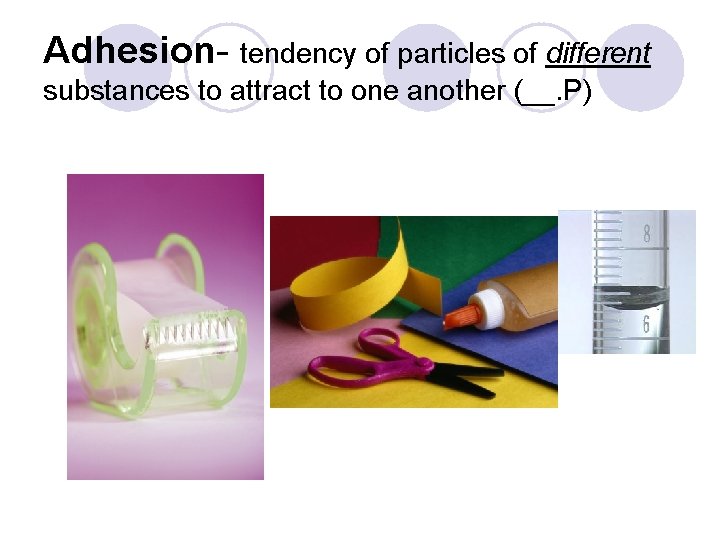 Adhesion- tendency of particles of different substances to attract to one another (__. P) Adhesion- tendency of particles of different substances to attract to one another (__. P)