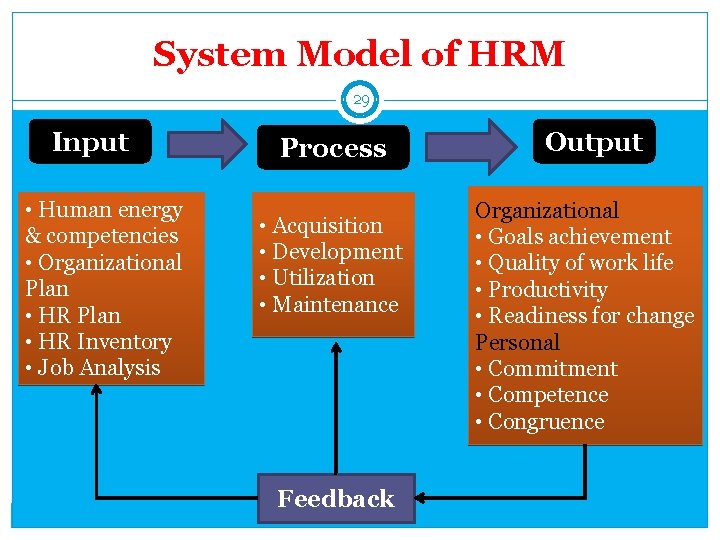 System Model of HRM 29 Input • Human energy & competencies • Organizational Plan