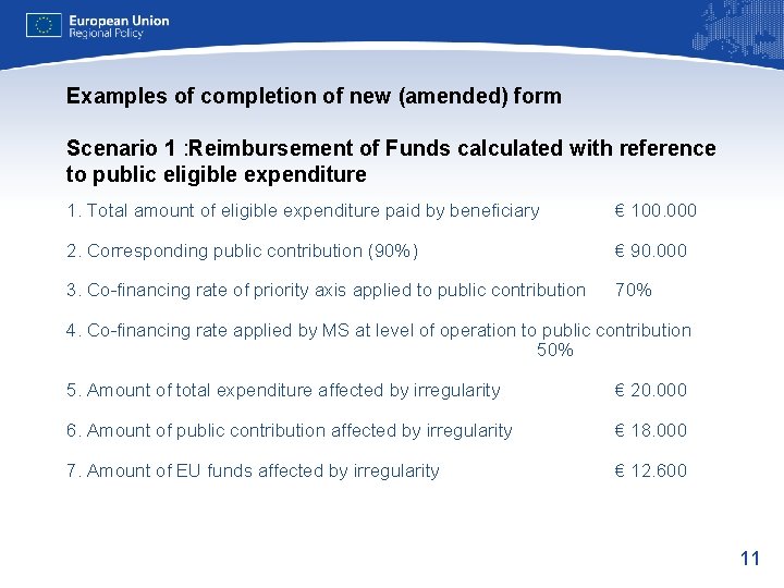 Examples of completion of new (amended) form Scenario 1 : Reimbursement of Funds calculated