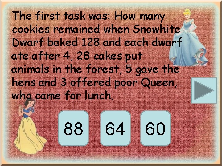 The first task was: How many cookies remained when Snowhite Dwarf baked 128 and The first task was: How many cookies remained when Snowhite Dwarf baked 128 and