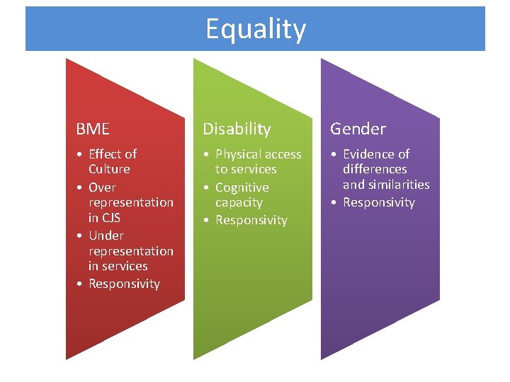 Equality BME Disability Gender • Effect of Culture • Over representation in CJS • Equality BME Disability Gender • Effect of Culture • Over representation in CJS •