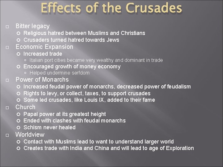 Effects of the Crusades Bitter legacy Religious hatred between Muslims and Christians Crusaders turned