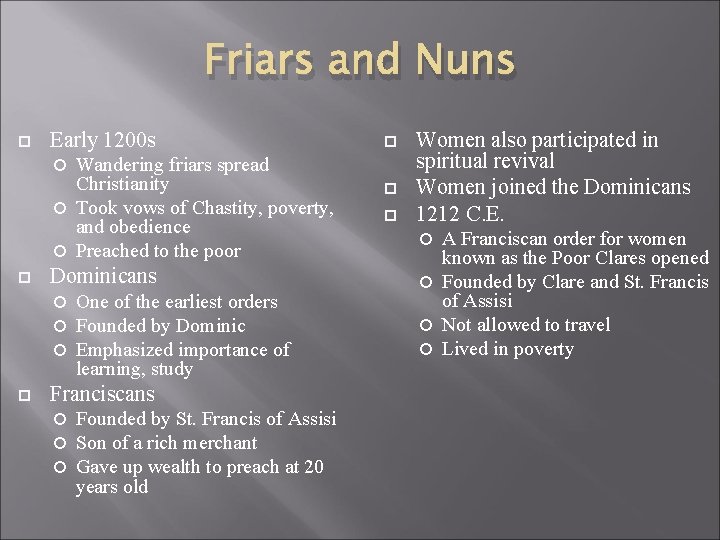 Friars and Nuns Early 1200 s Wandering friars spread Christianity Took vows of Chastity,
