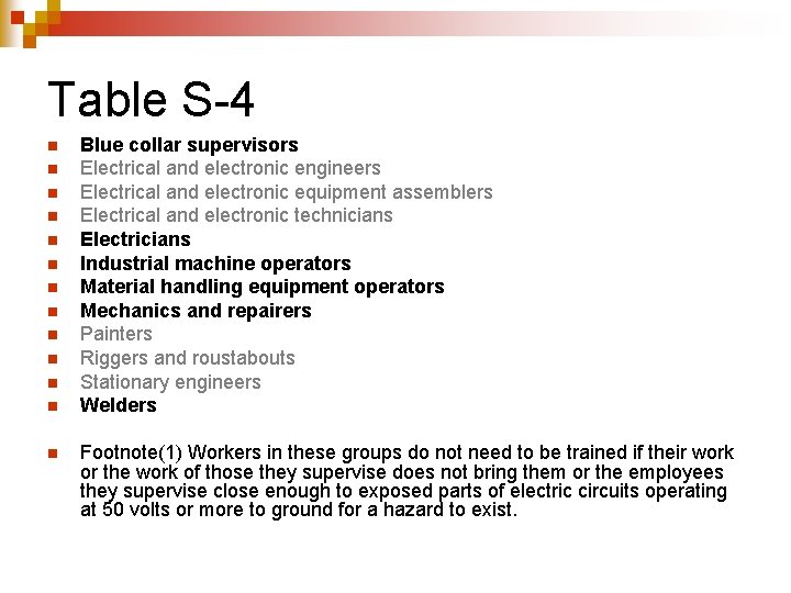 Table S-4 n n n n Blue collar supervisors Electrical and electronic engineers Electrical