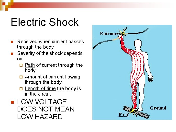 Electric Shock Entrance n n n Received when current passes through the body Severity