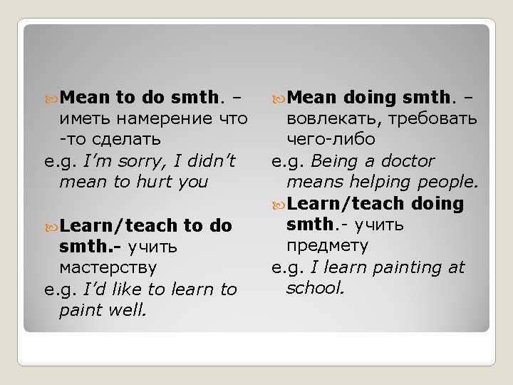  Mean to do smth. – иметь намерение что -то сделать e. g. I’m