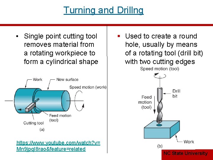 Turning and Drillng • Single point cutting tool removes material from a rotating workpiece