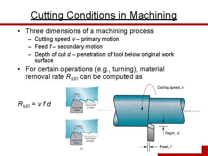 Cutting Conditions in Machining • Three dimensions of a machining process – Cutting speed