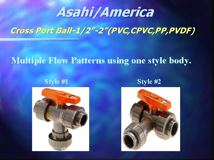Asahi/America Cross Port Ball-1/2”-2”(PVC, CPVC, PP, PVDF) Multiple Flow Patterns using one style body.