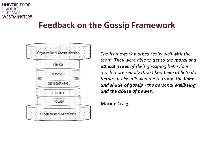 Feedback on the Gossip Framework The frameworked really well with the team. They were