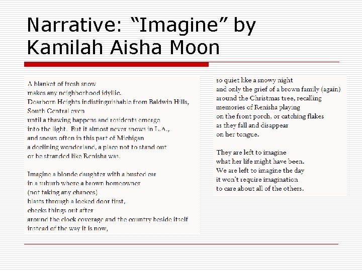 Narrative: “Imagine” by Kamilah Aisha Moon 