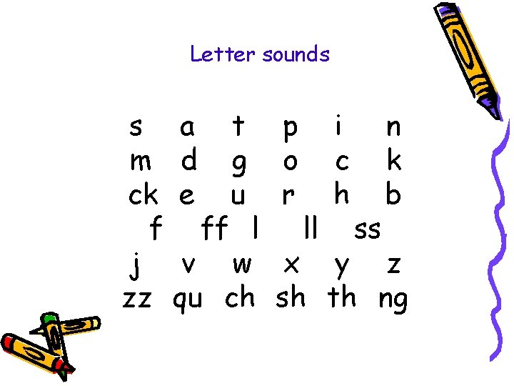 Letter sounds s m ck f j zz a d e t g u Letter sounds s m ck f j zz a d e t g u