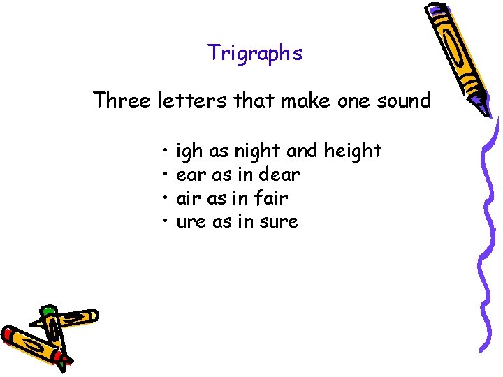 Trigraphs Three letters that make one sound • • igh as night and height Trigraphs Three letters that make one sound • • igh as night and height
