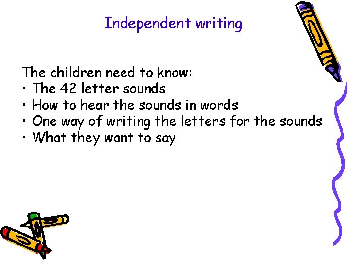 Independent writing The children need to know: • The 42 letter sounds • How Independent writing The children need to know: • The 42 letter sounds • How