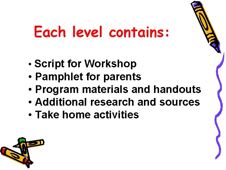 Each level contains: • Script for Workshop • Pamphlet for parents • Program materials