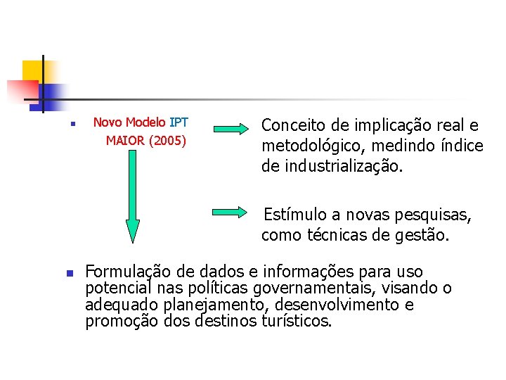 n Novo Modelo IPT MAIOR (2005) Conceito de implicação real e metodológico, medindo índice