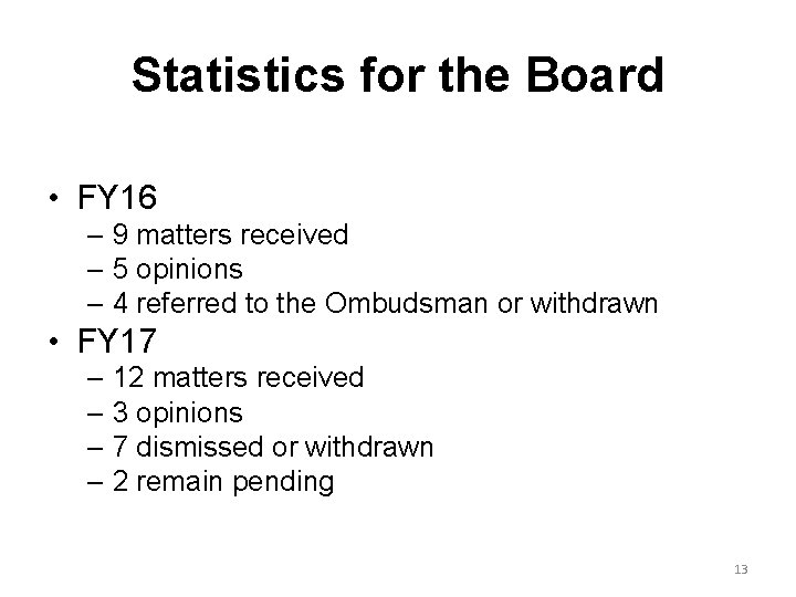 Statistics for the Board • FY 16 – 9 matters received – 5 opinions
