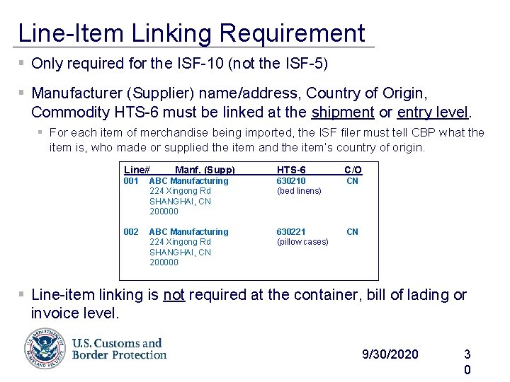 Line-Item Linking Requirement § Only required for the ISF-10 (not the ISF-5) § Manufacturer