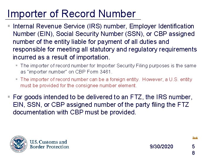 Importer of Record Number § Internal Revenue Service (IRS) number, Employer Identification Number (EIN),